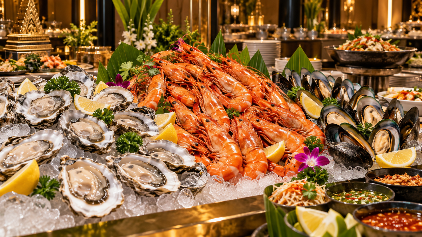 Big 18 seafood buffet with oysters, cooked prawns and mussels